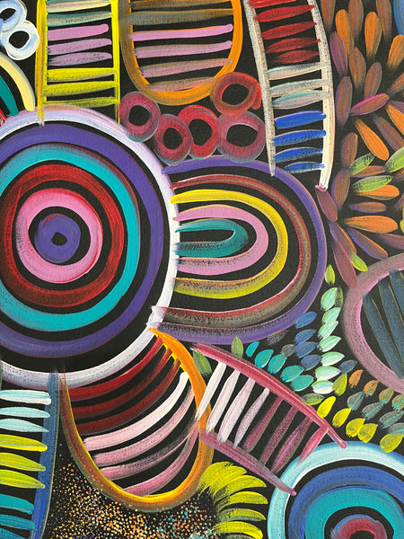 #272 My Country -Women Collecting (Multi) SELINA NUMINA : Aboriginal Art: 83cm x 140cm