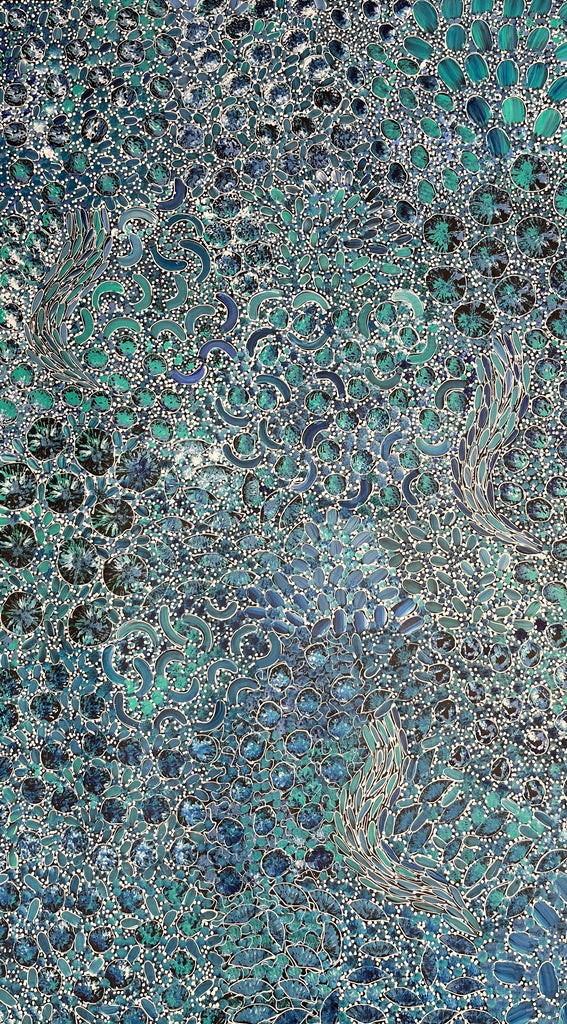 #18 Bush Yam Dreaming (Blues) - RACHAEL NAMBULA: Aboriginal Art: 90cm x 150cm