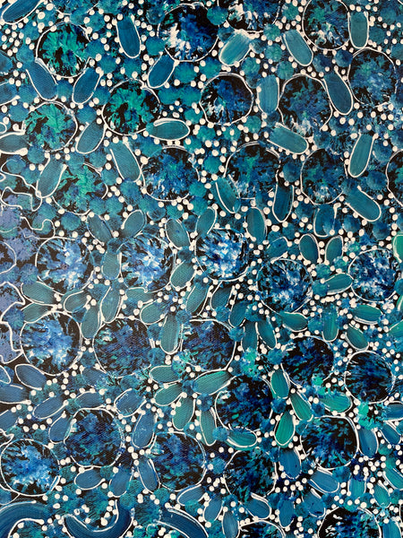 #18 Bush Yam Dreaming (Blues) - RACHAEL NAMBULA: Aboriginal Art: 90cm x 150cm