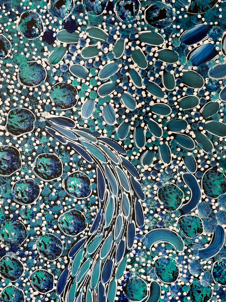 #18 Bush Yam Dreaming (Blues) - RACHAEL NAMBULA: Aboriginal Art: 90cm x 150cm