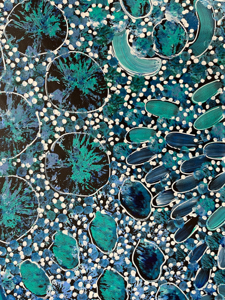#18 Bush Yam Dreaming (Blues) - RACHAEL NAMBULA: Aboriginal Art: 90cm x 150cm