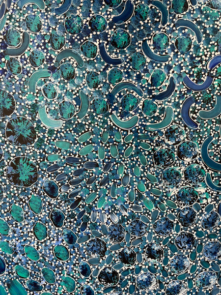#18 Bush Yam Dreaming (Blues) - RACHAEL NAMBULA: Aboriginal Art: 90cm x 150cm