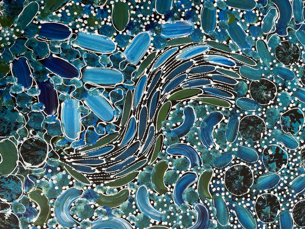 #188 Bush Yam Dreaming (Blues) - RACHAEL NAMBULA: Aboriginal Art: 88cm x 92cm