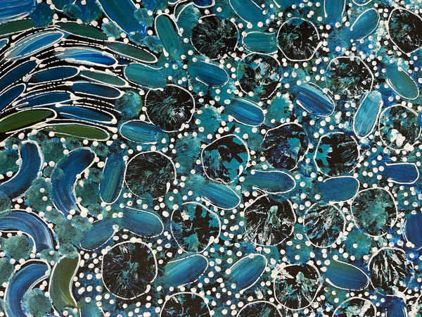 #188 Bush Yam Dreaming (Blues) - RACHAEL NAMBULA: Aboriginal Art: 88cm x 92cm
