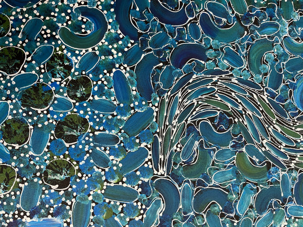 #188 Bush Yam Dreaming (Blues) - RACHAEL NAMBULA: Aboriginal Art: 88cm x 92cm