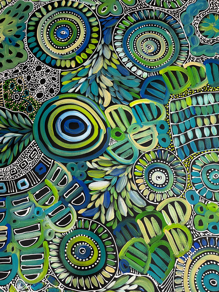 #82 My Dreamtime Stories (Green/Blue)- LOUISE NUMINA : Aboriginal Art: 147x95cm