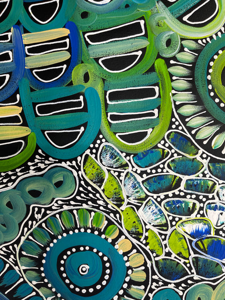 #82 My Dreamtime Stories (Green/Blue)- LOUISE NUMINA : Aboriginal Art: 147x95cm