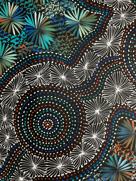 #131 Bush Leaves & Waterholes (Kookaburra)- SELINA NUMINA : Aboriginal Art 90cm x 147cm