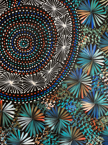 #131 Bush Leaves & Waterholes (Kookaburra)- SELINA NUMINA : Aboriginal Art 90cm x 147cm
