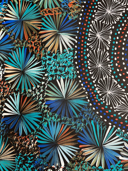 #323 Bush Leaves & Waterholes (Kookaburra)- SELINA NUMINA : Aboriginal Art 90cm x 147cm