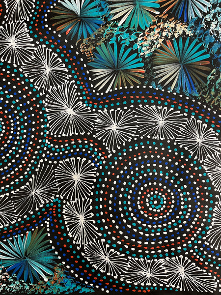 #323 Bush Leaves & Waterholes (Kookaburra)- SELINA NUMINA : Aboriginal Art 90cm x 147cm