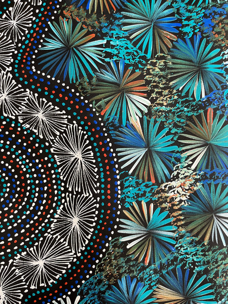 #323 Bush Leaves & Waterholes (Kookaburra)- SELINA NUMINA : Aboriginal Art 90cm x 147cm