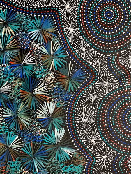#323 Bush Leaves & Waterholes (Kookaburra)- SELINA NUMINA : Aboriginal Art 90cm x 147cm