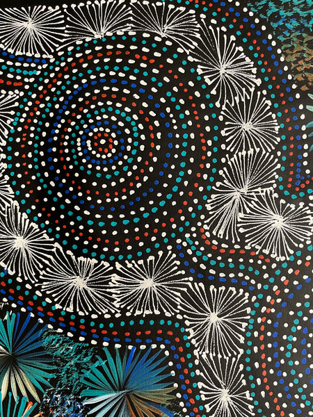 #323 Bush Leaves & Waterholes (Kookaburra)- SELINA NUMINA : Aboriginal Art 90cm x 147cm