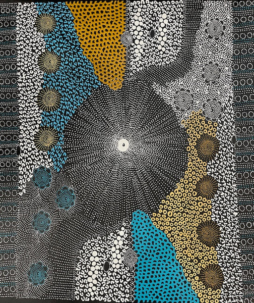 #144 Water Dreaming - Ngapa (Earth)- JANET LONG NAKAMARRA: Aboriginal Art: 91 x 96cm