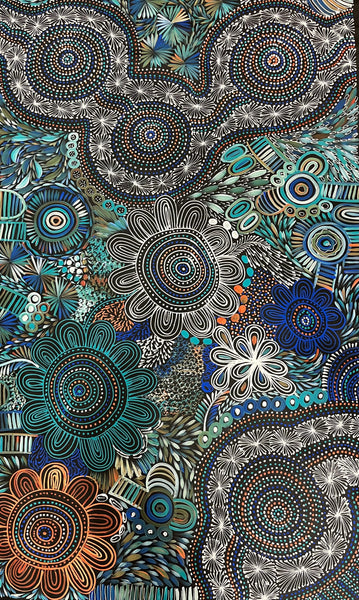 #260 My Country - Women collecting (Multi)- SELINA NUMINA : Aboriginal Art:  93cm x 153cm