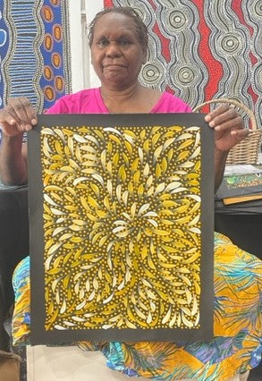 #186 Bush Medicine Leaves & Seeds (Yellow) - CAROLINE NUMINA : Aboriginal Art: 35x45cm