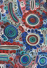 #150 Women's Body Design - Ceremony (Blue/Reds) LOUISE NUMINA : Aboriginal Art: 95x137cm