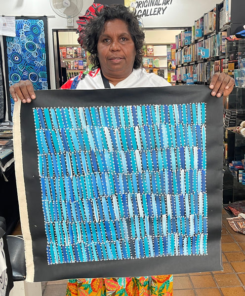 #286 Seeded Bush Yams (Blues)- SELINA NUMINA :Aboriginal Art: 58x59cm
