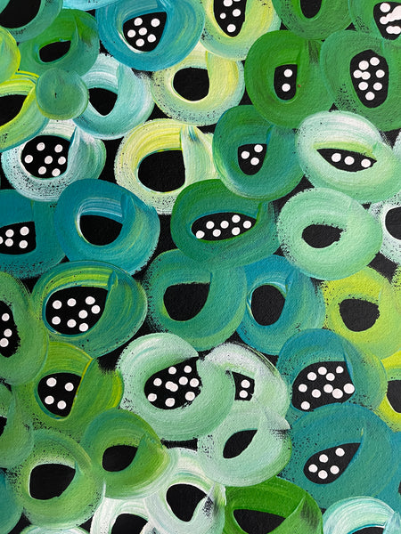 #124 Seeded Bush Melons (Greens) - LOUISE NUMINA : Aboriginal Art: 94x149cm