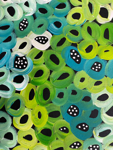 #124 Seeded Bush Melons (Greens) - LOUISE NUMINA : Aboriginal Art: 94x149cm