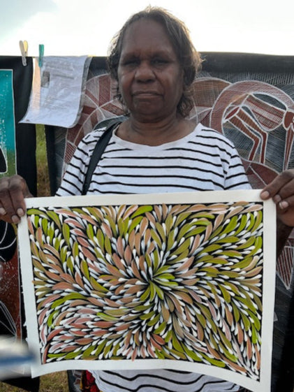 #395  Bush Medicine Leaves (Multi) - CAROLINE NUMINA : Aboriginal Art:  37cm x 27cm