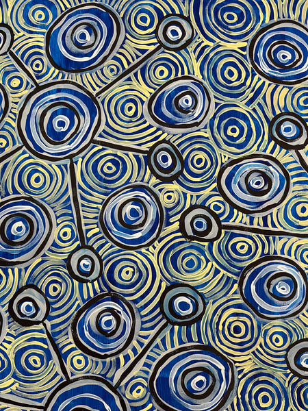 #297   Waterhole Dreaming (Blues)  MADELINE MARSHALL Aboriginal Art: 98xm x 153cm
