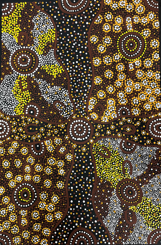 #237 Women collecting Bush Foods  - JACINDA HAYES: Aboriginal Art:  94cm x 142cm