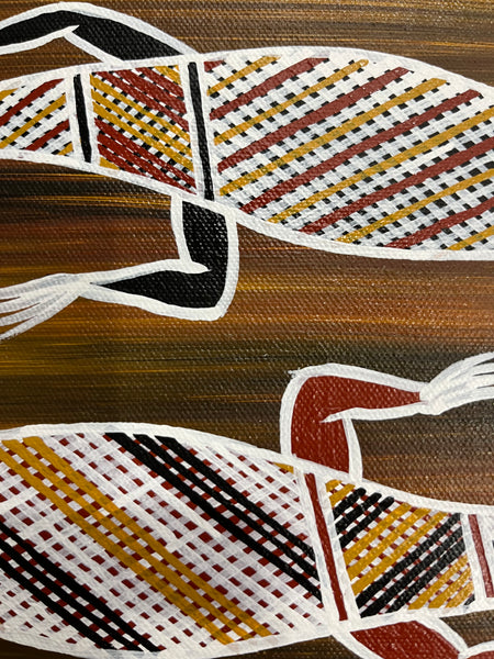 #404 Frilled Neck Lizard & Goanna - PHILIP HARRIS (RAMUNDI) Aboriginal Art: 33cm x 18cm