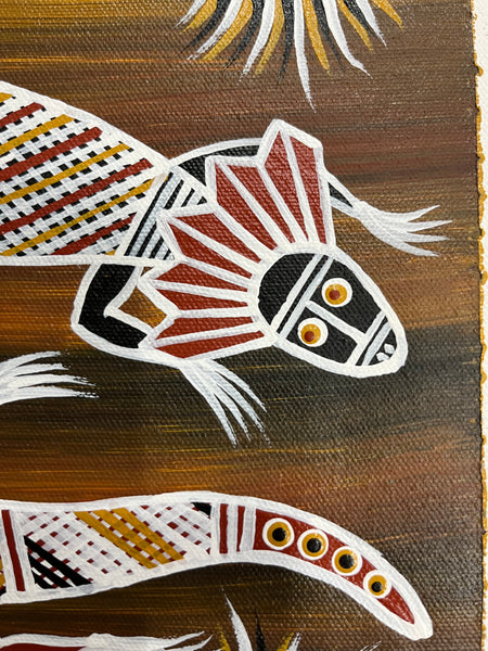 #404 Frilled Neck Lizard & Goanna - PHILIP HARRIS (RAMUNDI) Aboriginal Art: 33cm x 18cm