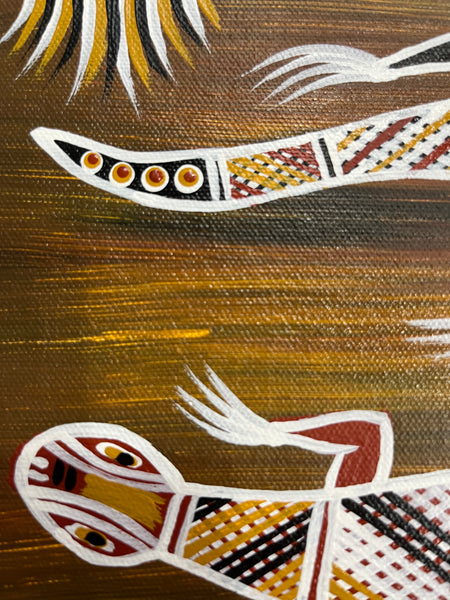 #404 Frilled Neck Lizard & Goanna - PHILIP HARRIS (RAMUNDI) Aboriginal Art: 33cm x 18cm