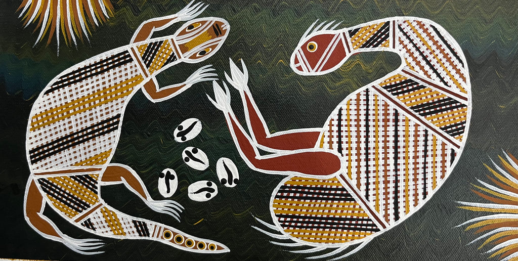 #405  Emu Nesting & Goanna- PHILIP HARRIS (RAMUNDI) Aboriginal Art: 33cm x 17cm