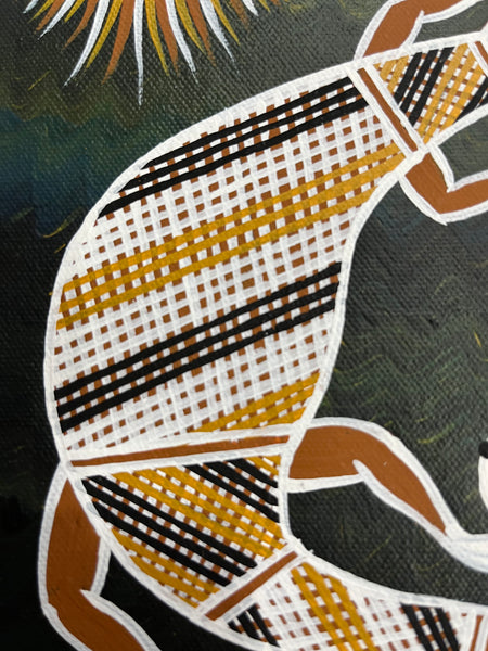 #405  Emu Nesting & Goanna- PHILIP HARRIS (RAMUNDI) Aboriginal Art: 33cm x 17cm