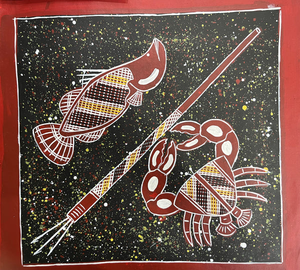 #218 Barramundi & Mud Crab hunting - KENNY REID Aboriginal Art: 47cm x 45cm