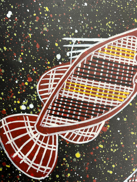 #218 Barramundi & Mud Crab hunting - KENNY REID Aboriginal Art: 47cm x 45cm