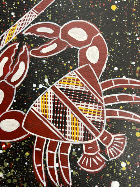 #218 Barramundi & Mud Crab hunting - KENNY REID Aboriginal Art: 47cm x 45cm