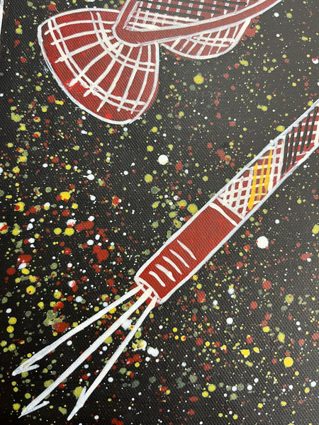 #218 Barramundi & Mud Crab hunting - KENNY REID Aboriginal Art: 47cm x 45cm