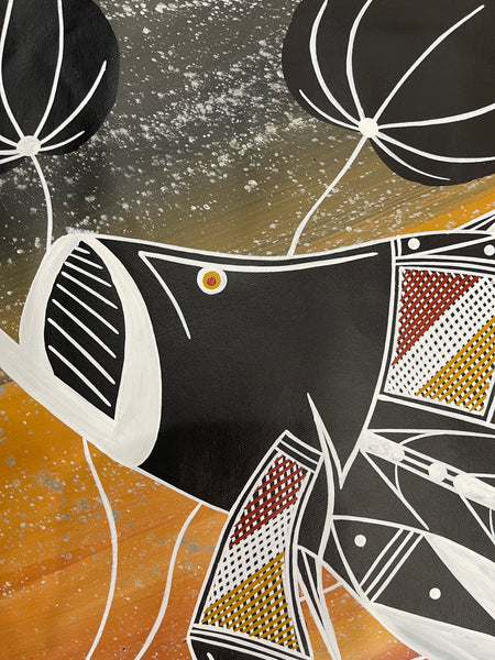 #299 Barramundi Dreaming - JIMI SPRATT YUKARN: Aboriginal Art: 95x75cm