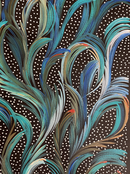 #306 Bush Medicine Leaves & Seeds (Blues)- SELINA NUMINA : Aboriginal Art: 155x40cm