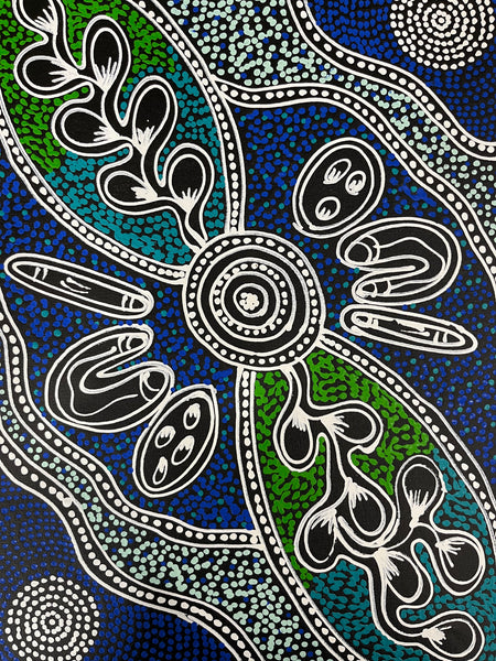 #338 Women collecting Bush Tucker (Blues) - SHARON NUMINA Aboriginal Art: 37cm x 51cm