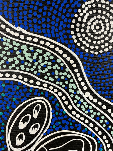 #338 Women collecting Bush Tucker (Blues) - SHARON NUMINA Aboriginal Art: 37cm x 51cm