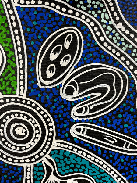 #338 Women collecting Bush Tucker (Blues) - SHARON NUMINA Aboriginal Art: 37cm x 51cm