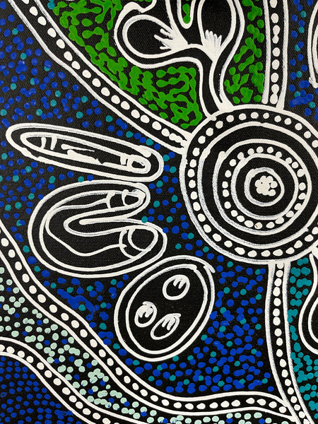 #338 Women collecting Bush Tucker (Blues) - SHARON NUMINA Aboriginal Art: 37cm x 51cm