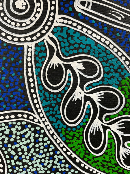 #338 Women collecting Bush Tucker (Blues) - SHARON NUMINA Aboriginal Art: 37cm x 51cm