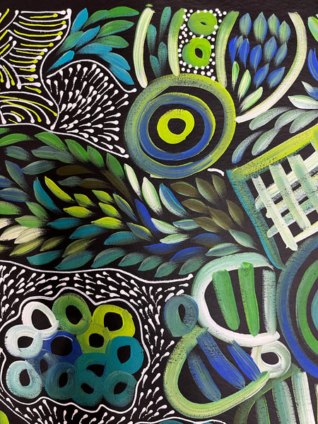 #287 My Dreamtime Stories (Blues/Greens) LOUISE NUMINA Aboriginal Art: 96 x 146cm