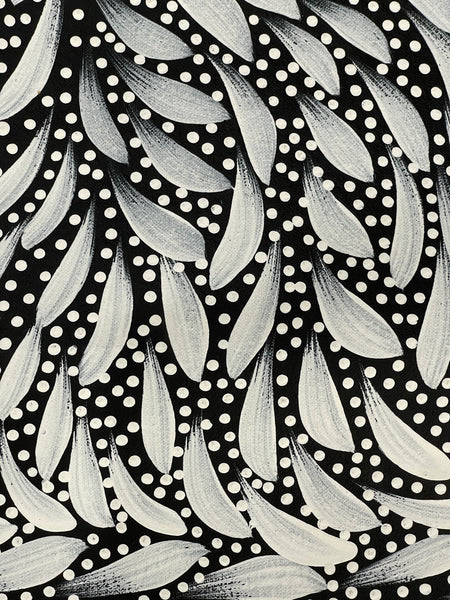 #398 Bush Medicine Leaves & Seeds (White) - CAROLINE NUMINA : Aboriginal Art: 81x127cm