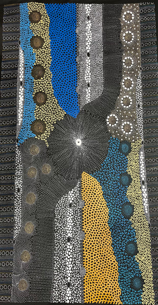 #165 Water Dreaming Ngapa (Blue/Earth) JANET LONG NAKAMARRA Aboriginal Art: 87cm x 160cm