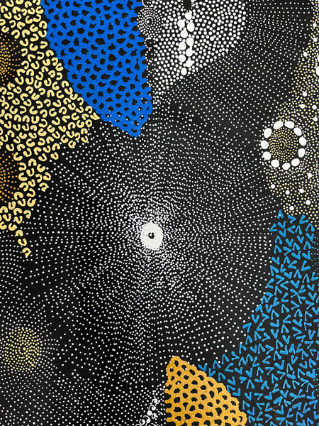 #165 Water Dreaming Ngapa (Blue/Earth) JANET LONG NAKAMARRA Aboriginal Art: 87cm x 160cm
