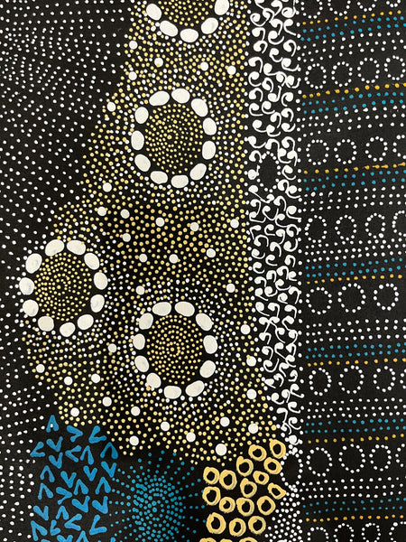 #165 Water Dreaming Ngapa (Blue/Earth) JANET LONG NAKAMARRA Aboriginal Art: 87cm x 160cm