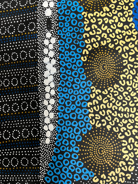 #165 Water Dreaming Ngapa (Blue/Earth) JANET LONG NAKAMARRA Aboriginal Art: 87cm x 160cm